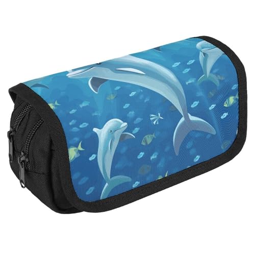 GHENBLT Delfin-Federmäppchen, Organizer, großes Fassungsvermögen, niedliches Stifteetui mit 3 Fächern, Bürobedarf, große Bleistifttasche mit Reißverschluss, Stoffstifttasche für Erwachsene, tragbare von GHENBLT
