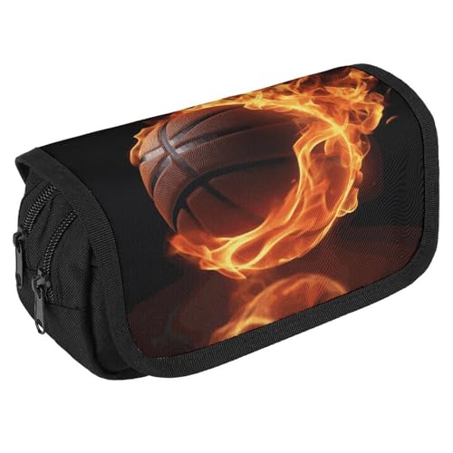 GHENBLT Federmäppchen mit Basketball auf Feuer, großes Fassungsvermögen, niedliches Stifteetui mit 3 Fächern, Bürobedarf, großes Federmäppchen mit Reißverschluss, Stoffstifttasche für Erwachsene von GHENBLT