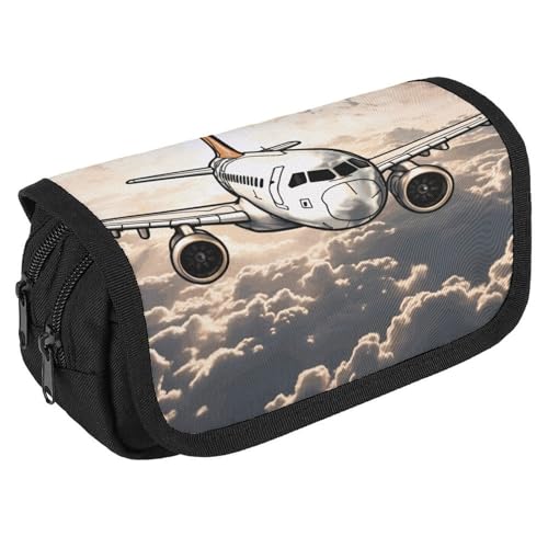 GHENBLT Federmäppchen mit Flugzeug, großes Fassungsvermögen, niedliches Stifteetui mit 3 Fächern, Bürobedarf, große Bleistifttasche mit Reißverschluss, Stoffstifttasche für Erwachsene, tragbare von GHENBLT
