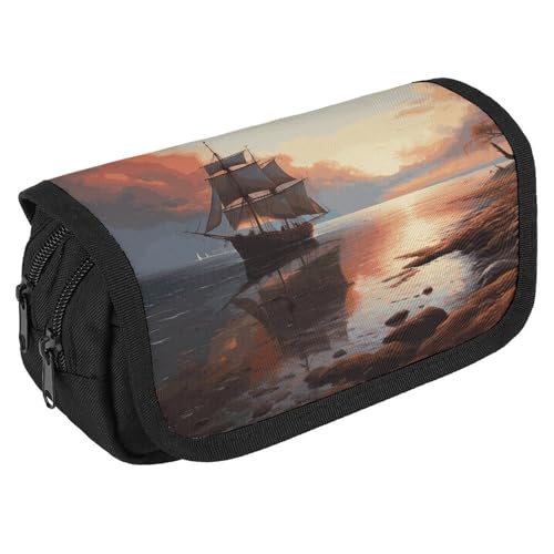 GHENBLT Federmäppchen mit Segelboot, Querformat, großes Fassungsvermögen, niedliches Stifteetui mit 3 Fächern, Bürobedarf, große Bleistifttasche mit Reißverschluss, Stoffstifttasche für Erwachsene von GHENBLT