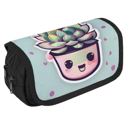 GHENBLT Federmäppchen mit lächelnden Sukkulenten, großes Fassungsvermögen, niedliches Stifteetui mit 3 Fächern, Bürobedarf, großes Federmäppchen mit Reißverschluss, Stoffstifttasche für Erwachsene von GHENBLT