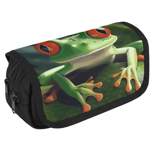 GHENBLT Federmäppchen mit niedlichem Frosch-Design, großes Fassungsvermögen, niedliches Stifteetui mit 3 Fächern, Bürobedarf, großes Federmäppchen mit Reißverschluss, Stoffstifttasche für Erwachsene von GHENBLT
