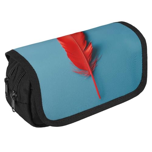 GHENBLT Federmäppchen mit rotem Feder-Design, großes Fassungsvermögen, niedliches Stifteetui mit 3 Fächern, Bürobedarf, großes Federmäppchen mit Reißverschluss, Stoffstifttasche für Erwachsene von GHENBLT