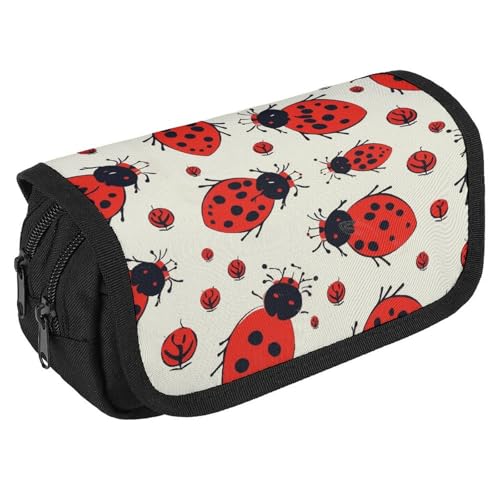 GHENBLT Federmäppchen mit rotem Marienkäfer-Design, großes Fassungsvermögen, niedliches Stifteetui mit 3 Fächern, Bürobedarf, großes Federmäppchen mit Reißverschluss, Stoffstifttasche für Erwachsene von GHENBLT