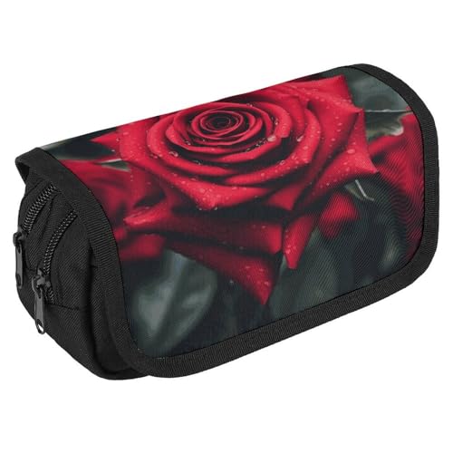 GHENBLT Federmäppchen mit roter Rose, großes Fassungsvermögen, niedliches Stifteetui mit 3 Fächern, Bürobedarf, großes Federmäppchen mit Reißverschluss, Stoffstifttasche für Erwachsene, tragbare von GHENBLT