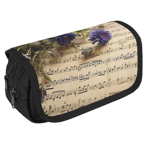 GHENBLT Notenblatt-Federmäppchen, Organizer, großes Fassungsvermögen, niedliches Stifteetui mit 3 Fächern, Bürobedarf, großes Federmäppchen mit Reißverschluss, Stoffstifttasche für Erwachsene von GHENBLT