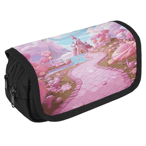 GHENBLT Pink Candy Land Federmäppchen, Organizer, großes Fassungsvermögen, niedliches Stifteetui mit 3 Fächern, Bürobedarf, großes Federmäppchen mit Reißverschluss, Stoffstifttasche für Erwachsene von GHENBLT