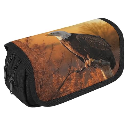 GHENBLT Sunset Weißkopfseeadler-Federmäppchen, Organizer, großes Fassungsvermögen, niedliches Stifteetui mit 3 Fächern, Bürobedarf, großes Federmäppchen mit Reißverschluss, Stoffstifttasche für von GHENBLT