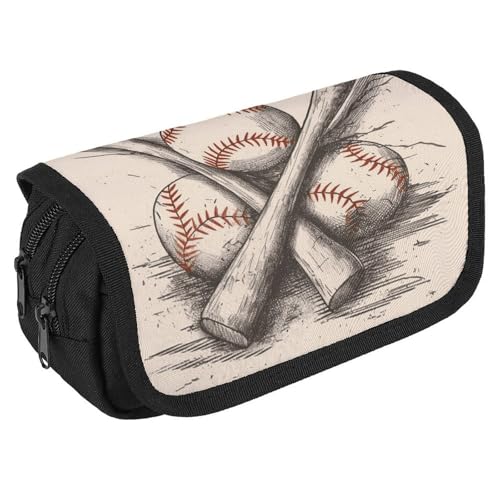 Handgezeichnetes Baseballschläger-Federmäppchen, Organizer, großes Fassungsvermögen, niedliches Stifteetui mit 3 Fächern, Bürobedarf, großes Federmäppchen mit Reißverschluss, Stoffstifttasche für Handgezeichnetes Baseballschläger-Federmäppchen, Organizer, großes Fassungsvermögen, niedliches Stifteetui mit 3 Fächern, Bürobedarf, großes Federmäppchen mit Reißverschluss, Stoffstifttasche für von GHENBLT
