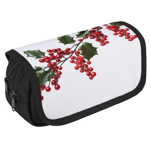 Holly Berry Branches Federmäppchen, Organizer, großes Fassungsvermögen, niedliches Stifteetui mit 3 Fächern, Bürobedarf, große Bleistifttasche mit Reißverschluss, Stoffstifttasche für Erwachsene von GHENBLT