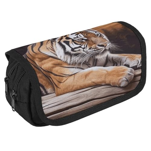 Tiger auf Holz liegendes Federmäppchen, Organizer, großes Fassungsvermögen, niedliches Stifteetui mit 3 Fächern, Bürobedarf, großes Federmäppchen mit Reißverschluss, Stoffstifttasche für Erwachsene Tiger auf Holz liegendes Federmäppchen, Organizer, großes Fassungsvermögen, niedliches Stifteetui mit 3 Fächern, Bürobedarf, großes Federmäppchen mit Reißverschluss, Stoffstifttasche für Erwachsene von GHENBLT