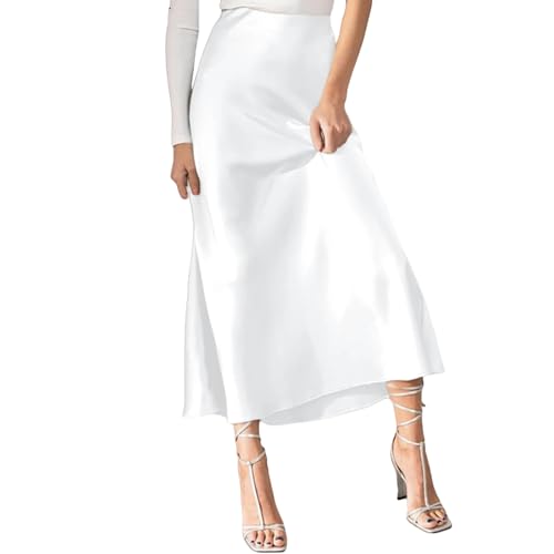 GHFTCCF Rock Damen Frauen Satin Hohe Taille Versteckt Ausgestoßen Lässig EIN Linie Midi Rock-Weiss-XXL GHFTCCF Rock Damen Frauen Satin Hohe Taille Versteckt Ausgestoßen Lässig EIN Linie Midi Rock-Weiss-XXL von GHFTCCF