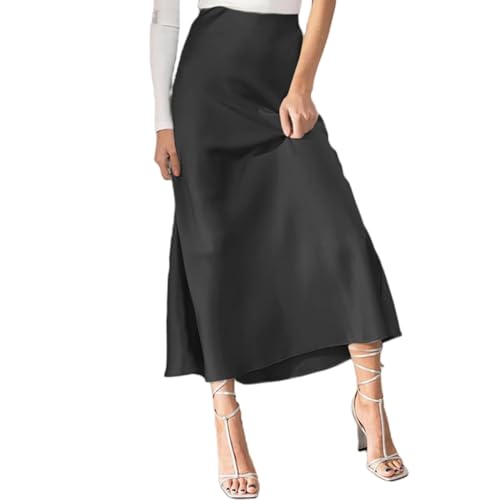 GHFTCCF Rock Damen Frauen Satin Hohe Taille Versteckt Ausgestoßen Lässig EIN Linie Midi Rock-schwarz-XXL GHFTCCF Rock Damen Frauen Satin Hohe Taille Versteckt Ausgestoßen Lässig EIN Linie Midi Rock-schwarz-XXL von GHFTCCF