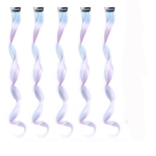 FederhaarverläNgerungs Set 5PCS einteilige bunte Clips in Haarverlängerungen synthetische Perücken Regenbogen Haarteil DIY Cosplay Mädchen Perücke Haar-Accessoire(5PCS curly hair) von GHHZML