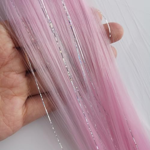 FederhaarverläNgerungs Set Farbige Clip-in-Haarverlängerungen, gemischte silberne Lametta, synthetisches 2-in-1-Haarteil, Urlaubsparty-Highlights for Frauen und Mädchen(6 pcs,TINSLE-A1_22INCHES) von GHHZML