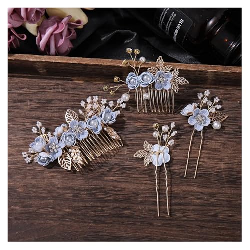 Haarstab 4pc Kristall Blume Haar Kamm Haarnadel Set Strass Perle Braut Kamm Pin Schmuck Set Braut Hochzeit Zubehör(Blue) von GHHZML
