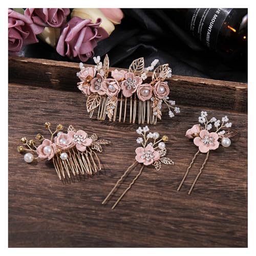 Haarstab 4pc Kristall Blume Haar Kamm Haarnadel Set Strass Perle Braut Kamm Pin Schmuck Set Braut Hochzeit Zubehör(Pink) von GHHZML