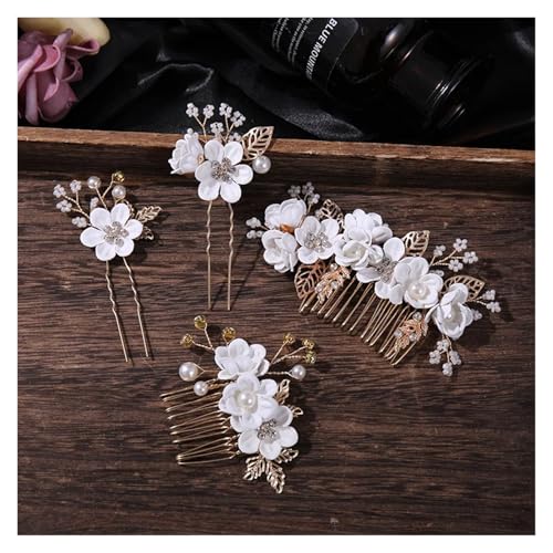Haarstab 4pc Kristall Blume Haar Kamm Haarnadel Set Strass Perle Braut Kamm Pin Schmuck Set Braut Hochzeit Zubehör(White) von GHHZML