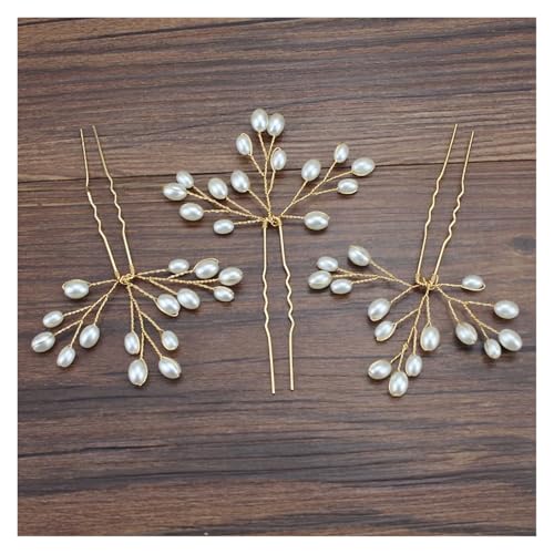 Haarstab Silber Gold Farbe Handgemachte Einfache Braut Perle Reben Haarnadel for Frauen Hochzeit Party Nette(3 pieces gold) von GHHZML