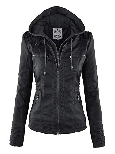 GHJdhygy Herbst Und Winter Damen Kunstleder Reißverschluss Mit Kapuze Lederjacke Lange Ärmel Reisen Beiläufig Mantel,Schwarz,L von GHJdhygy