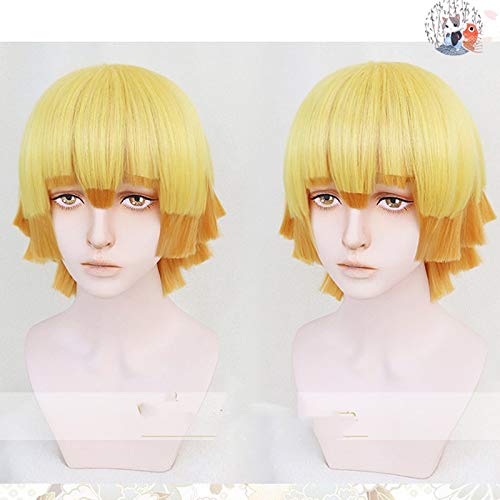 Anime Demon Slayer: Kimetsu no Yaiba Zenitsu Agatsuma Short Golden Brown Wig Heat Resistant Hair Cosplay Costume Wigs +Cap+Track von GHK