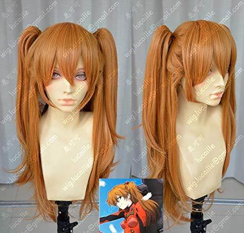 Anime EVA Asuka Langley Soryu Cosplay Wigs Long Orange With 2 Ponytail Clips Heat Resistant Synthetic Hair Wig + Wig Cap von GHK