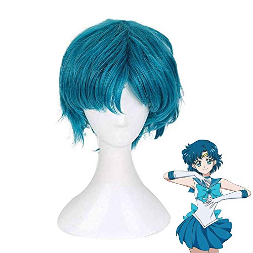 Anime Sailor Moon Mizuno Ami Kurze Perücke Cosplay Kostüm Hitzebeständiges Kunsthaar Sailor Mercury Frauen Perücken MZ-1276 von SKYXD