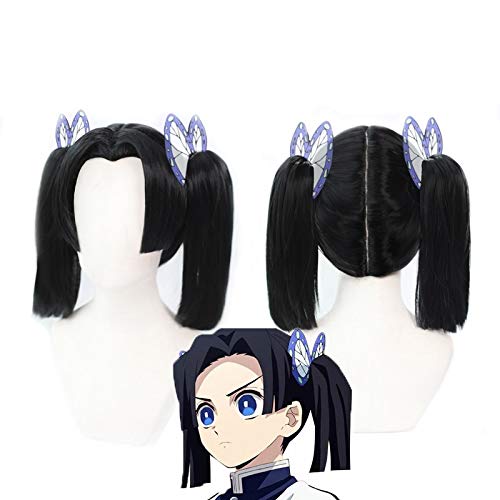 Dämonentöter: Kimetsu No Yaiba Kanzaki Aoi Cosplay Perücken Hochtemperaturfaser Schwarzes kurzes Haar mit zwei Pferdeschwänzen + kostenlose Haarkappe TCY-071 von SKYXD