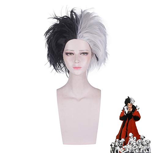 Film Half Black And White Fluffy kurze geschichtete synthetische Perücken 101 Dalmatiner Cruella Devil Cosplay Kostüm Perücke von GHK