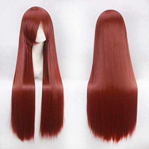 GHK 100 cm 420g Rose Net Lange Gerade Perücke Cosplay Kostüm Kunsthaar Weiß Blau Rosa Braun Grün Rot Blond Schwarz Perücken Für Frauen orange rot von GHK