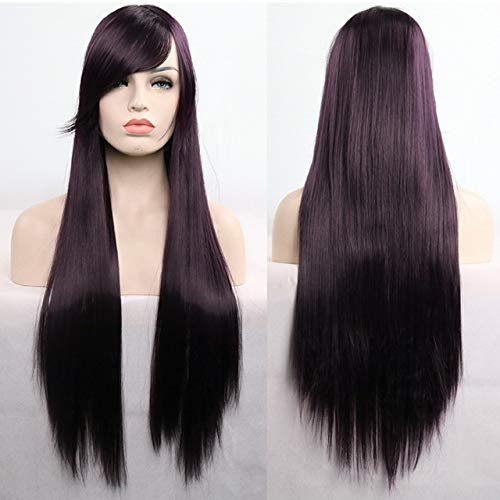 GHK 11 Farben 80cm synthetische lange glatte Haare Perücke schwarz grau grün blau lila rosa Haarteil Cosplay Perücken für Frauen dunkel lila von GHK