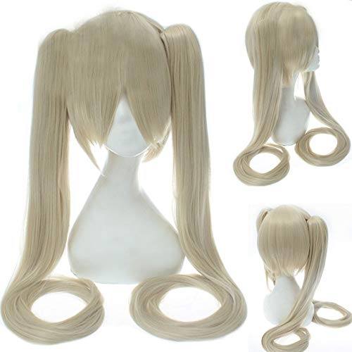 GHK 120 cm Hatsune Miku Synthetische Cosplay Perücke Gerade Weiß Blau Anime Haar Halloween Kostüm Frauen Perücken Mit Doppel Clip Pferdeschwänze 04 von GHK