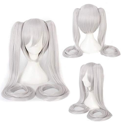 GHK 120 cm Hatsune Miku Synthetische Cosplay Perücke Gerade Weiß Blau Anime Haar Halloween Kostüm Frauen Perücken Mit Doppel Clip Pferdeschwänze 26 von GHK