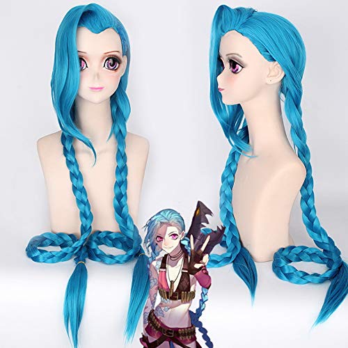 GHK 120 cm LOL Jinx Anime Cosplay Perücke Frauen Synthetische Lange Blaue Doppel Zopf Pferdeschwanz Haar Für Halloween Kostüm Party von GHK