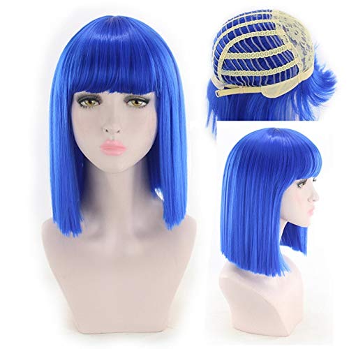 GHK 14 zoll Gerade Schwarz Weiß Rosa Rot Blau Kurze Bob Perücken Für Frauen Kunsthaar Anime Cosplay Party Perücke Mit Pony 8 Farben Blau von GHK