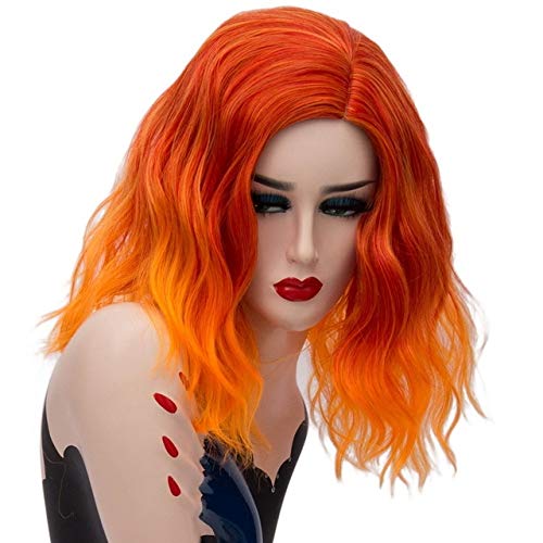 GHK 14 zoll Kurze Wellenförmige Bunte Regenbogen Perücke Synthetische Haar Halloween Kostüm Anime Cosplay Orange Ombre Party Perücken Für Frauen orange ombre von GHK