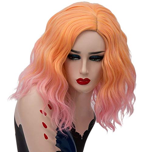 GHK 14 zoll Kurze Wellenförmige Bunte Regenbogen Perücke Synthetische Haar Halloween Kostüm Anime Cosplay Orange Ombre Party Perücken Für Frauen orange rosa von GHK