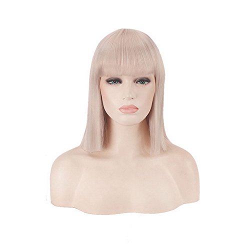 GHK 14 zoll Synthetische Bob Perücke Blonde Grün Rot Rosa Blau Rosa Schwarz Perücken Für Frauen Anime Cosplay Glattes Haar Pony Hitzebeständige grau von GHK