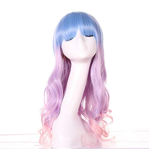 GHK 26 zoll Mode Billig Lange Wellenförmige Farbige Frau Perücken Anime Cosplay Halloween Lolita Blau Lila Grün Ombre Perücke Mit Pony 01 von GHK