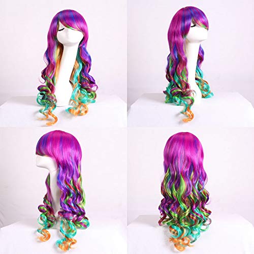 GHK 28 zoll Günstige Halloween Lolita Farbige Perücken Für Frauen Synthetische Anime Cosplay Regenbogen Haar Lange Wellenförmige Perücke Mit Pony von GHK