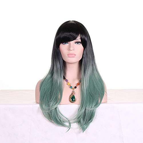 GHK 28 zoll Mode Schwarz Blond Ombre Perücke Mit Pony Kunsthaar Anime Cosplay Lange Wellenförmige Perücken Für Frauen Hitzebeständige armee grün von GHK