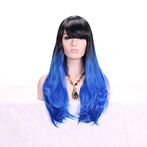 GHK 28 zoll Mode Schwarz Blond Ombre Perücke Mit Pony Kunsthaar Anime Cosplay Lange Wellenförmige Perücken Für Frauen Hitzebeständige blau von GHK