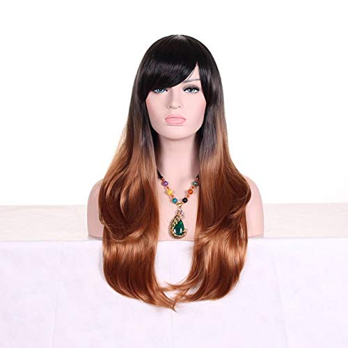 GHK 28 zoll Mode Schwarz Blond Ombre Perücke Mit Pony Kunsthaar Anime Cosplay Lange Wellenförmige Perücken Für Frauen Hitzebeständige braun von GHK