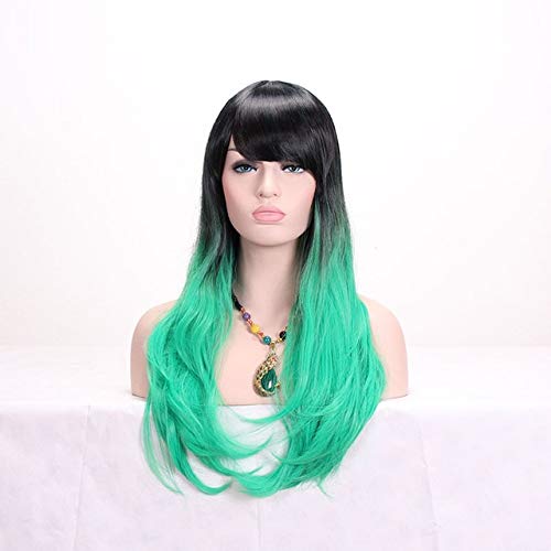 GHK 28 zoll Mode Schwarz Blond Ombre Perücke Mit Pony Kunsthaar Anime Cosplay Lange Wellenförmige Perücken Für Frauen Hitzebeständige grün von GHK