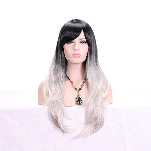GHK 28 zoll Mode Schwarz Blond Ombre Perücke Mit Pony Kunsthaar Anime Cosplay Lange Wellenförmige Perücken Für Frauen Hitzebeständige silber von GHK