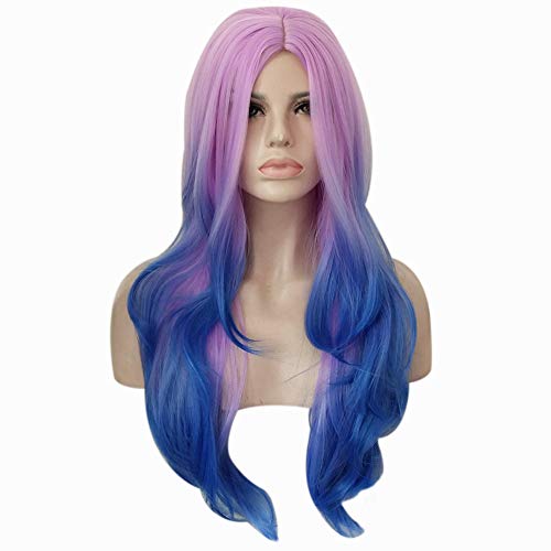 GHK 65 cm Mittelteil Lange Wellenförmige Lila Blau Ombre Perücke Cosplay Kostüm Kunsthaar Halloween Kostüm Party Perücken Für Frauen + Perücke Kappe von GHK
