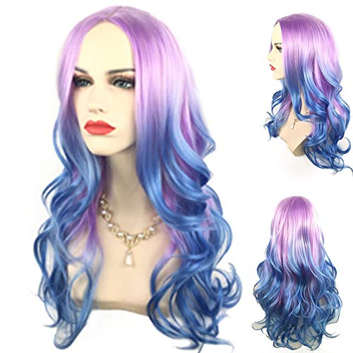 GHK 65 cm Neue Lila Blau Ombre Perücke Lange Wellenförmige Synthetische Haar Halloween Kostüm Cosplay Perücken Für Frauen Hochtemperaturfaser von GHK