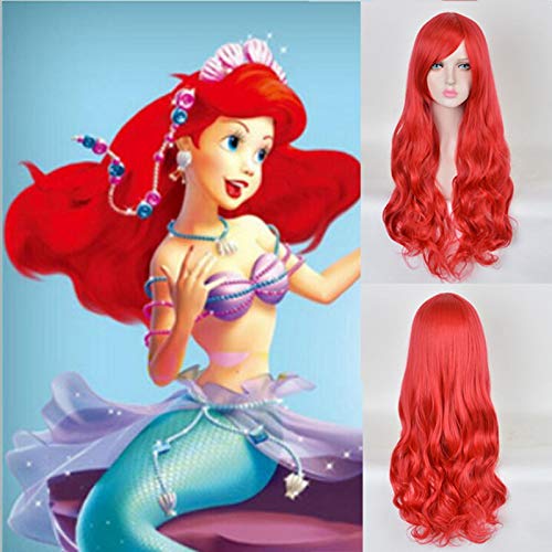 GHK 70 cm Anime Die Kleine Meerjungfrau Prinzessin Ariel Cosplay Perücke Halloween Spielen Perücke Party Bühne Synthetische Rot Welliges Haar von GHK