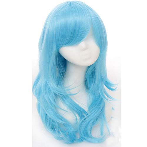 GHK 70 cm Hohe Qualität Anime Lange Wellenförmige Cosplay Perücke Mit Pony Hitzebeständige Kunsthaar Schwarz Rosa Silber Blau Grün Frau Perücken hellblau von GHK