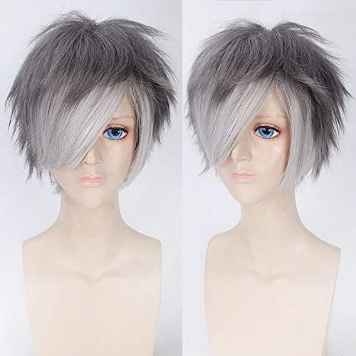 GHK 8 zoll Flauschigen Grau Silber Kurze Ombre Perücke Männer Anime Cosplay Halloween Kostüm Perücken Synthetische Haar Hitzebeständige von GHK